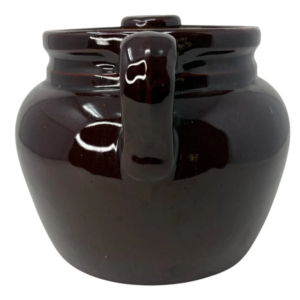 Vintage USA Brown Bean Pot Set 7 Pc Stoneware Crock Soup Bowls w Lid Handles